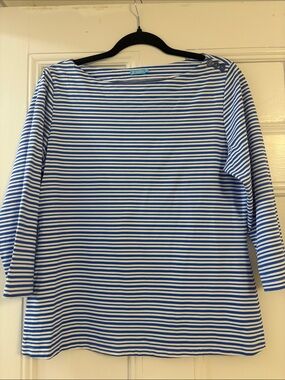 Women’s Blue & White Striped Long-Sleeve Boatneck Top